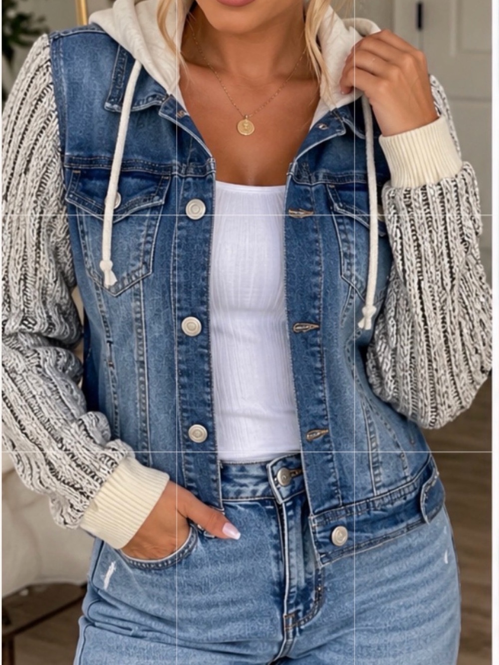 Wallflower Blue Denim Jacket with Cream Hood & Gray Knit Sleeves